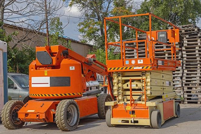 industrial forklift navigating through packed warehouse shelves in Fredon